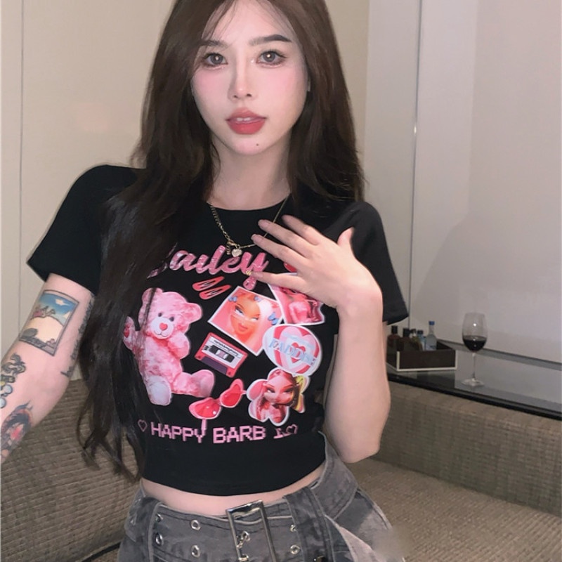 Áo Thun Tay Ngắn Dáng Ôm In Họa Tiết Hoạt Hình Dễ Thương Quyến Rũ Cho Nữ