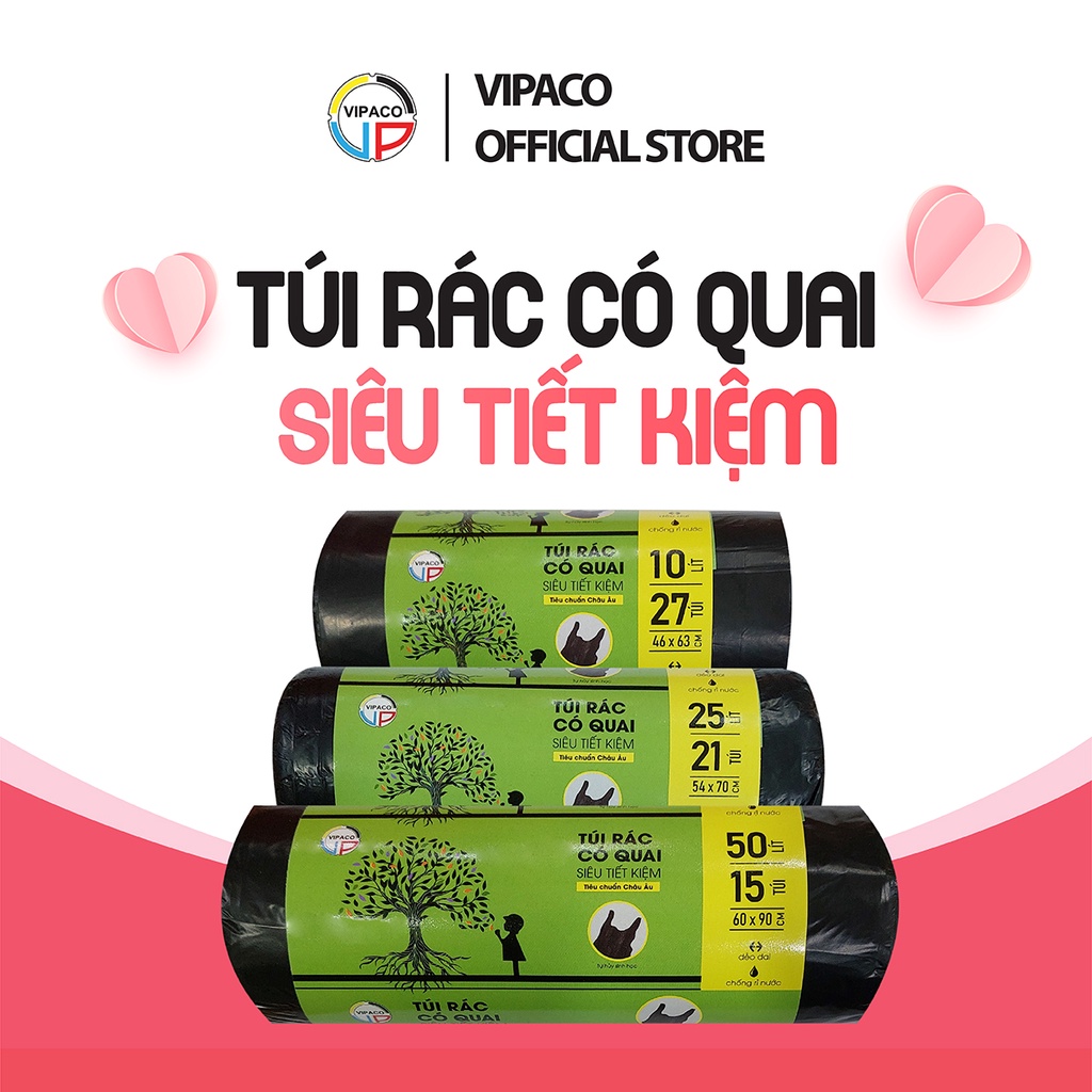 Túi đựng rác có quai Vipaco Siêu Tiết Kiệm, túi rác tự hủy sinh học màu đen dẻo dai chắc chắn không bục