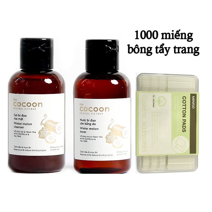 Bộ Nước cân bằng da Cocoon + gel rửa mặt + 1000 miếng bông tẩy trang chăm sóc da