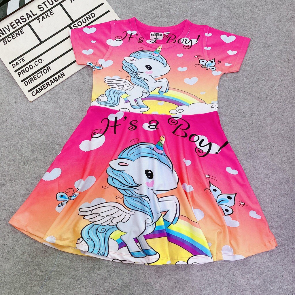 Đầm thun cotton lạnh ngựa pony sừng kỳ lân bé gái