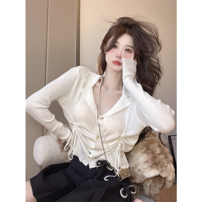 Áo croptop ZHELIHANGFEI dệt kim tay dài cổ polo phối dây rút phong cách trẻ trung thời trang quyến rũ cho nữ