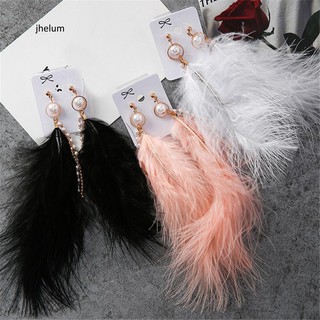 Bông tai dài hình lông vũ đính ngọc trai giả sang trọng