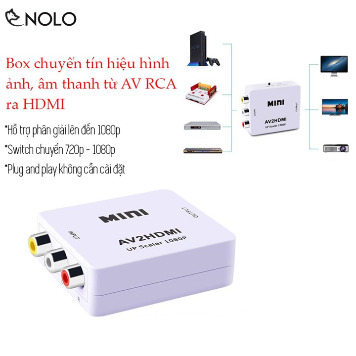 Bộ Box Chuyển Đổi Tín Hiệu AV RCA ra HDMI Model AV2HDMI Hỗ Trợ Độ Phân Giải FullHD 1080P Có Switch 720p và 1080p