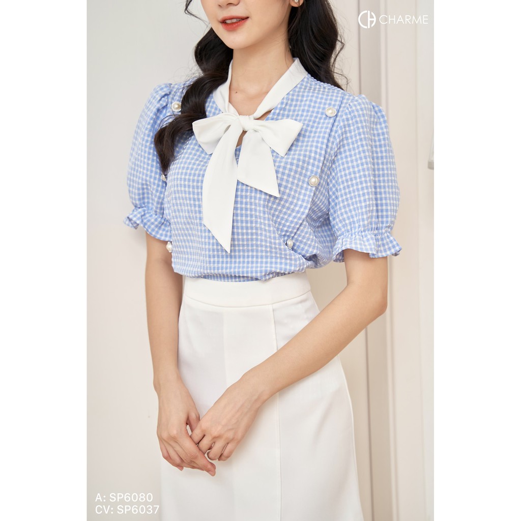 Áo sơ mi nữ tay ngắn thiết kế Charme kẻ sọc phối nơ trắng xinh xắn 6080