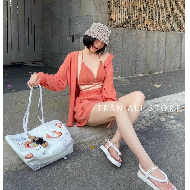 Sét đùi 3 món áo 2 dây phối áo khoác sơ mi dài tay cá tính, năng động, trẻ trung