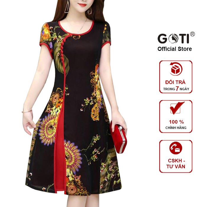 GOTI - Đầm Dự Tiệc Trung Niên Cao Cấp Bigsize Dáng Dài Qua Gối, Tay Ngắn Tặng Mẹ U50 U60 3240 3310