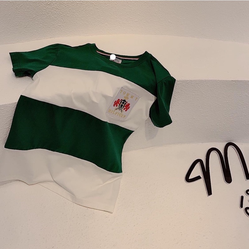 ANU914 - ÁO PHÔNG NỮ CỘC TAY XANH TRẮNG TOMMY HILFIGER