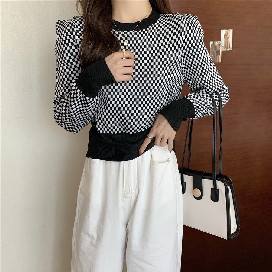 Porozi  Áo dệt kim  cổ tròn họa tiết sọc caro phong cách Hàn Quốc thời trang cho nữ