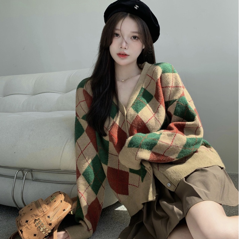 Áo khoác cardigan Pure Cube dệt kim tay dài họa tiết hình thoi ngọt ngào thời trang mùa thu cho nữ