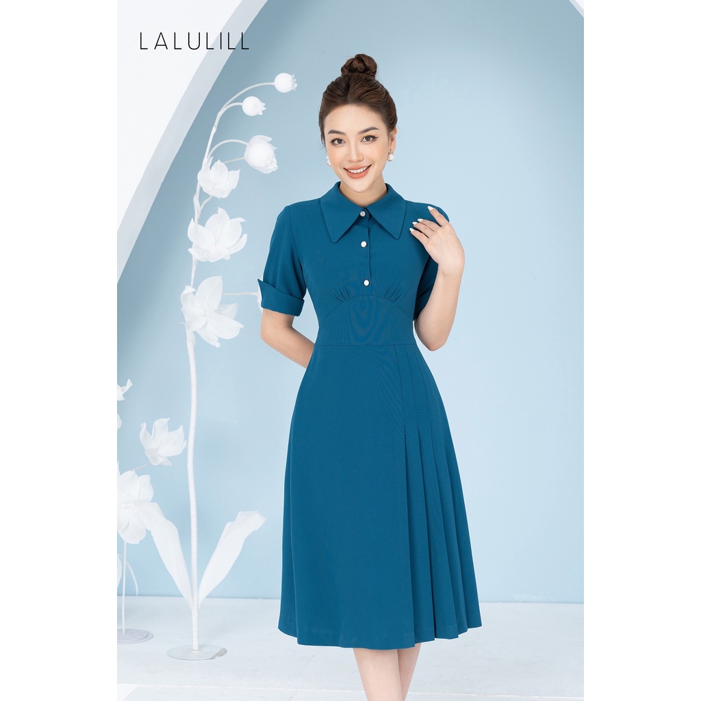 LALULILL - Đầm liền dáng A chân xếp li xanh cổ vịt