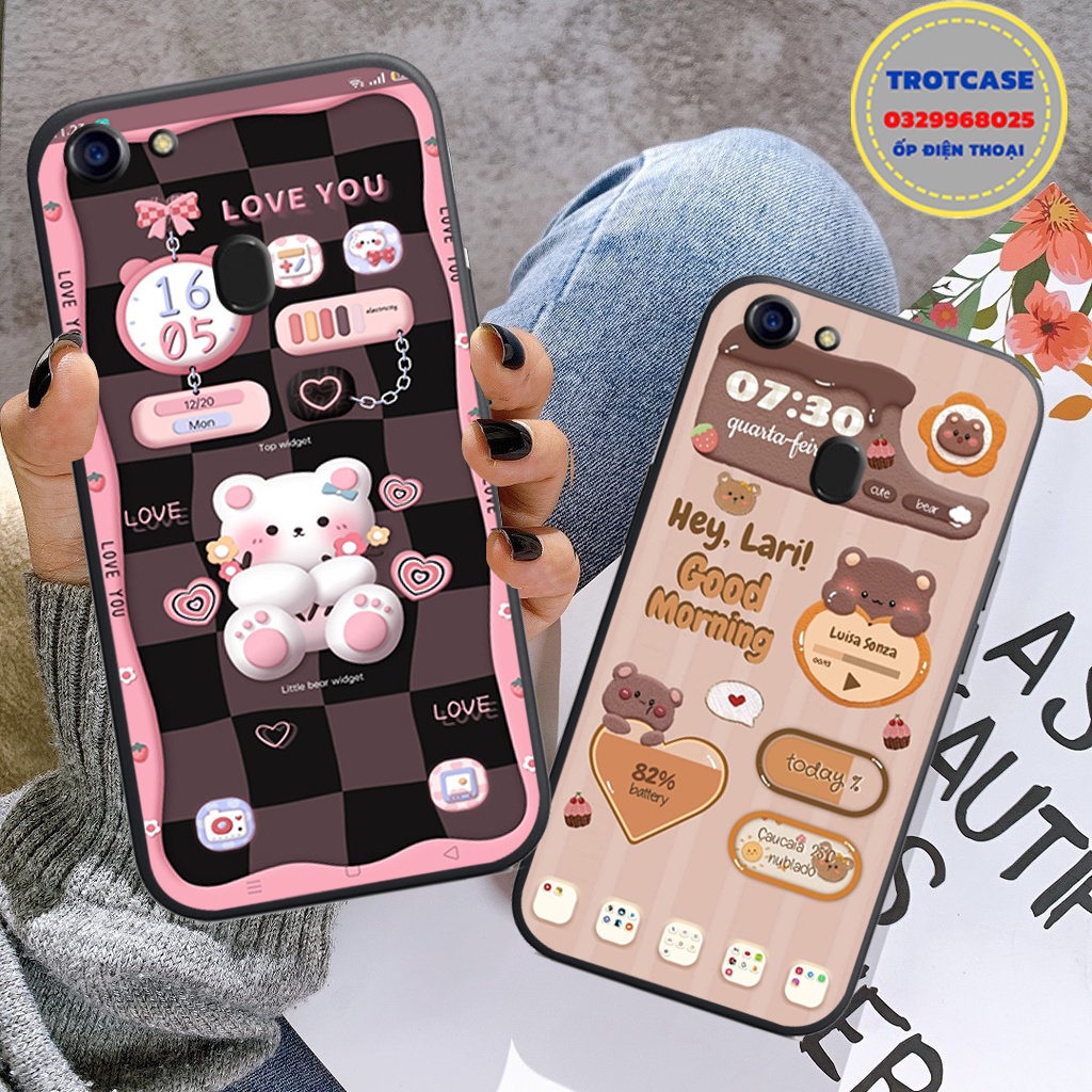 Ốp lưng điện thoại Oppo F5 / F5 Youth / F7 / F7 Youth hình gấu bear trắng đeo túi hình vịt nền kẻ xanh