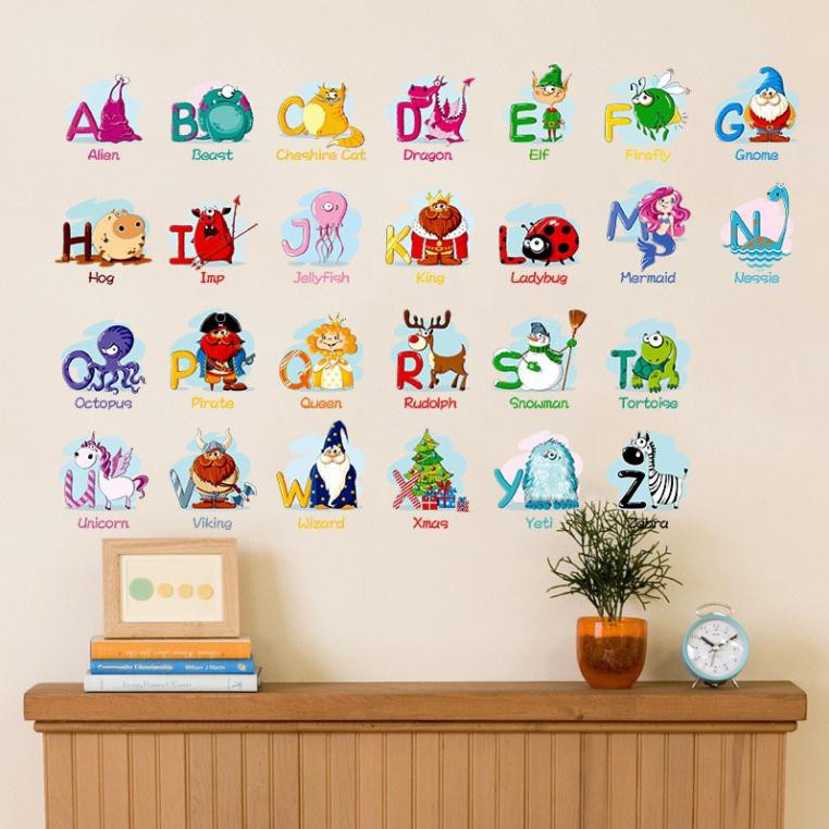 Tranh decal, decal dán tường trang trí phòng cho bé vừa giúp con nhận biết sớm bảng chữ cái động vật tinh nghịch TE64