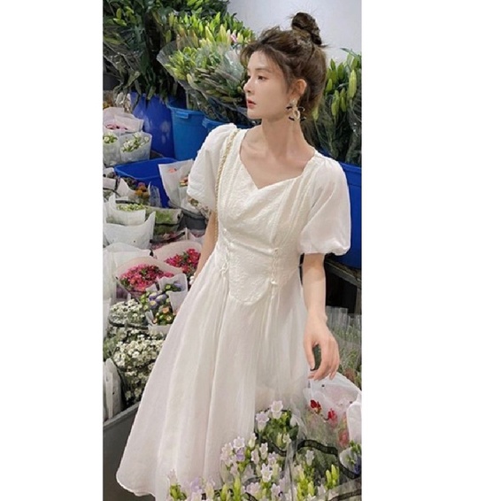 ĐẦM MIDI HOA ẨN CỔ V ĐAN 2 BÊN EO TAY BỒNG