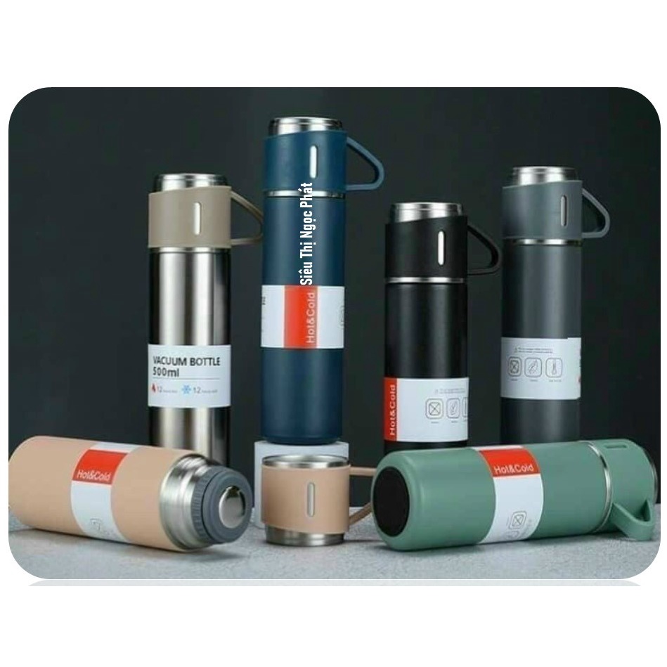 Bình Giữ Nhiệt Inox 304_500ML_Kèm2 Cốc_Sang Trọng_[Tặng kèm móc khóa dễ thương]