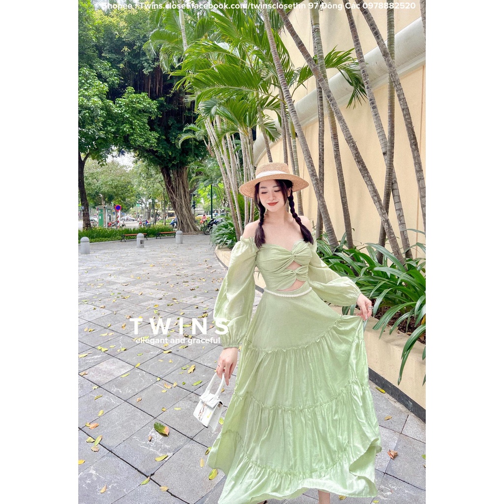 Đầm maxi cắt eo nhiều chi tiết ( Mayamie baby green maxi)