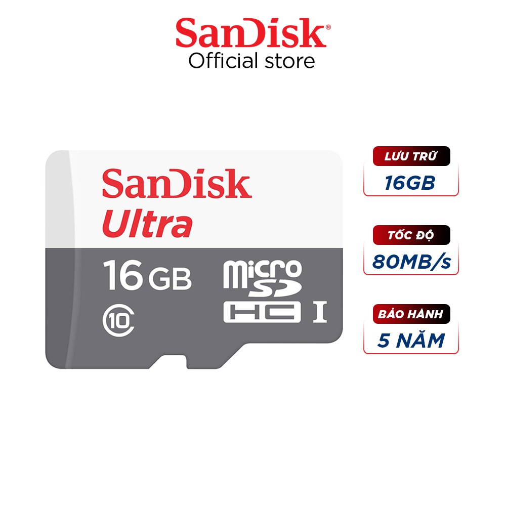 [Mã ELWDSD giảm 8% tối đa 200K] Thẻ nhớ microSDHC Sandisk 16GB upto 80MB/s 533X Ultra UHS-I - Hãng phân phối chính thức