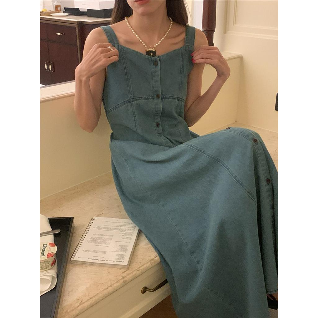 Đầm Denim Hai Dây Cổ Chữ V Dáng Ôm Phong Cách Thời Trang Pháp 64112