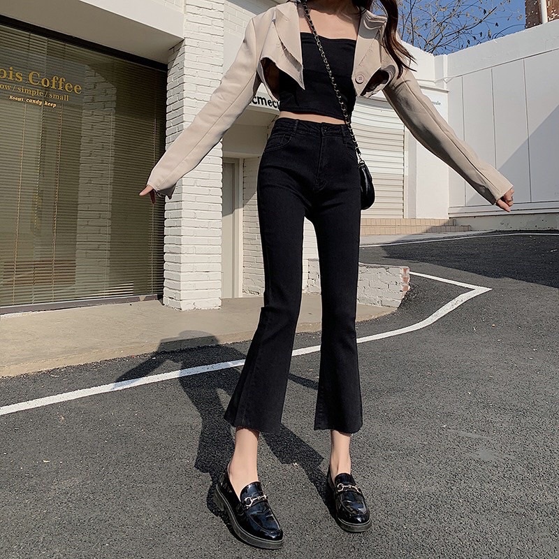 Quần Skinny Ống loe 9 tấc  Quần jeans Loe đen trơn - Chất bò giấy