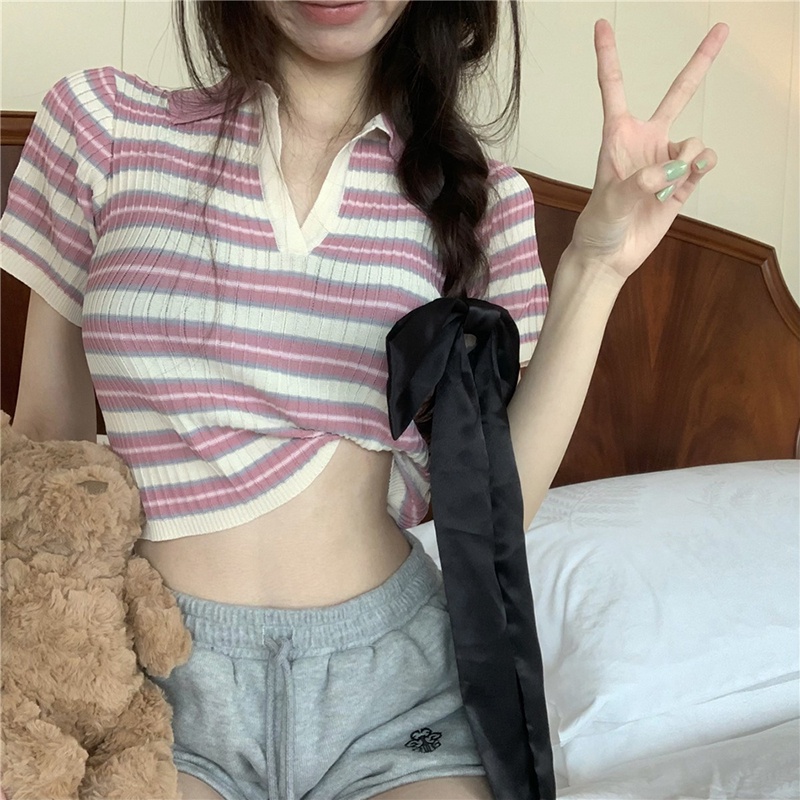 Áo croptop ZHELIHANGFEI cổ polo dệt kim tay ngắn kẻ sọc phong cách retro thời trang cho nữ
