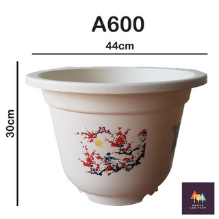5 Chậu nhựa tròn trồng cây cỡ lớn mã CN03A600 kt 44x30cm màu trắng có in hoa văn 4 mùa