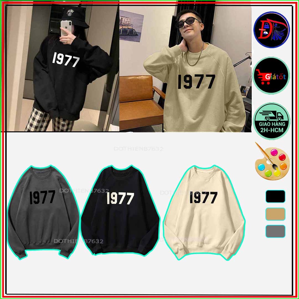 Áo sweater trơn in số 1977 nam nữ form rộng, áo tay dài unisex nỉ bông dày mềm mịn khoác thu đông