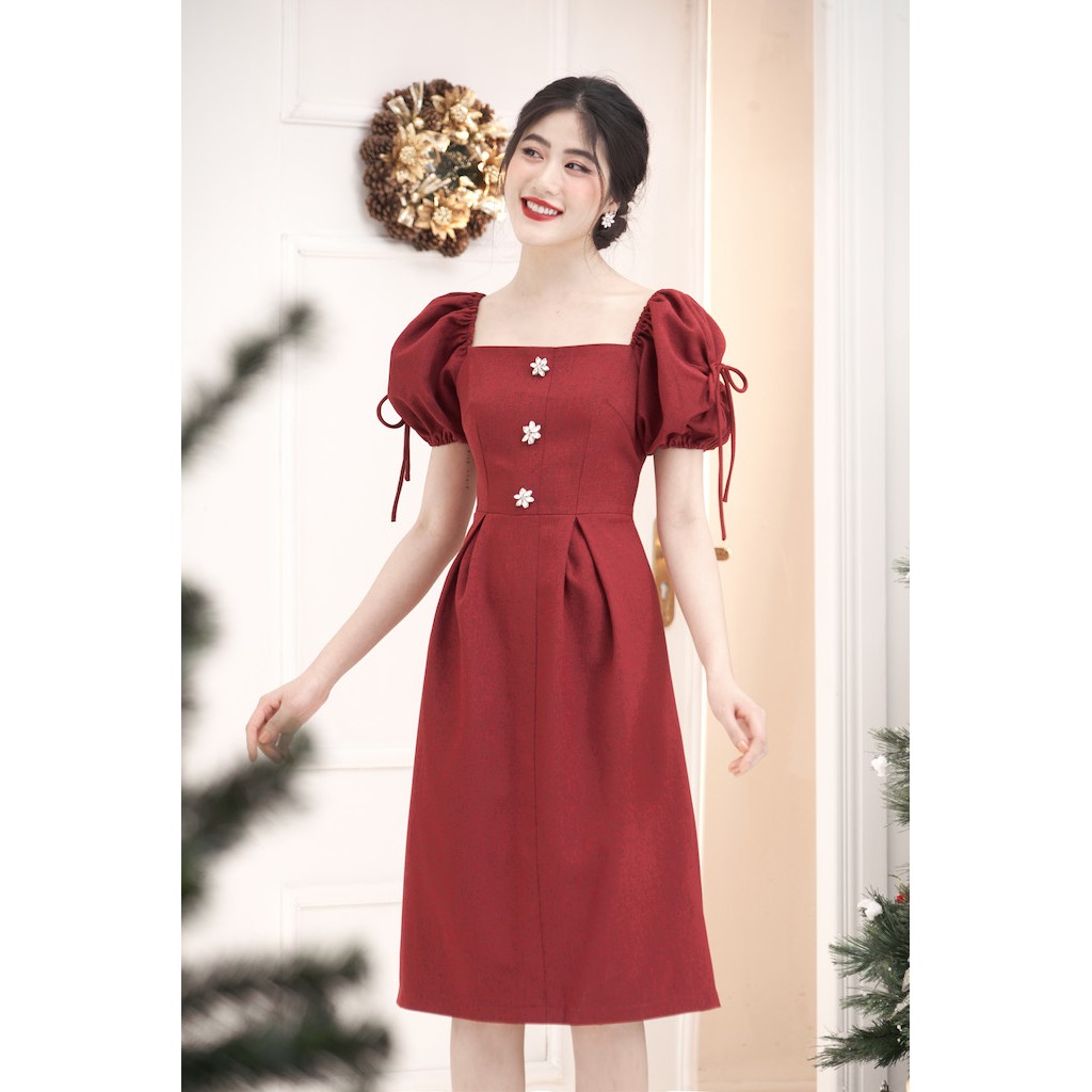 RẬP - Đầm Đỏ Đính Đá Phía Trước Tay Phồng Có Khoét Cột Nơ - CHRISTMAS 08