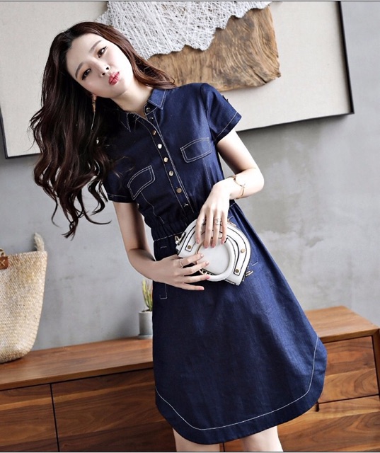 Đầm jean nữ tay ngắn eo thắt dây ôm body