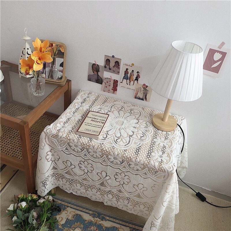 Khăn trải bàn phối ren trắng chất liệu Polyester cao cấp, khăn trải tab đầu giường, thảm picnic tiện lợi