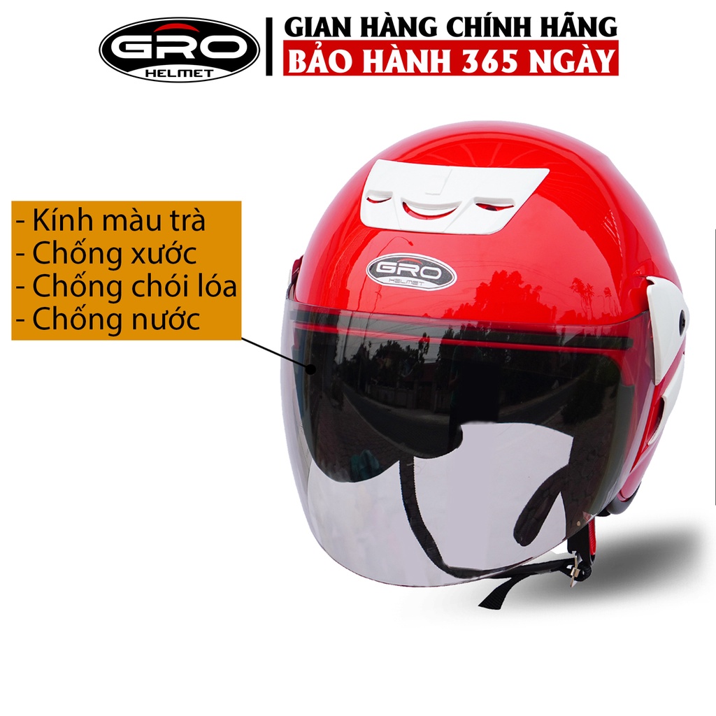 Mũ Bảo Hiểm 3/4 đầu GRO Helmet V2 có kính dài, kiểu dáng trẻ trung cho nam và nữ, khóa kim loại chắc chắn - Đỏ Tươi