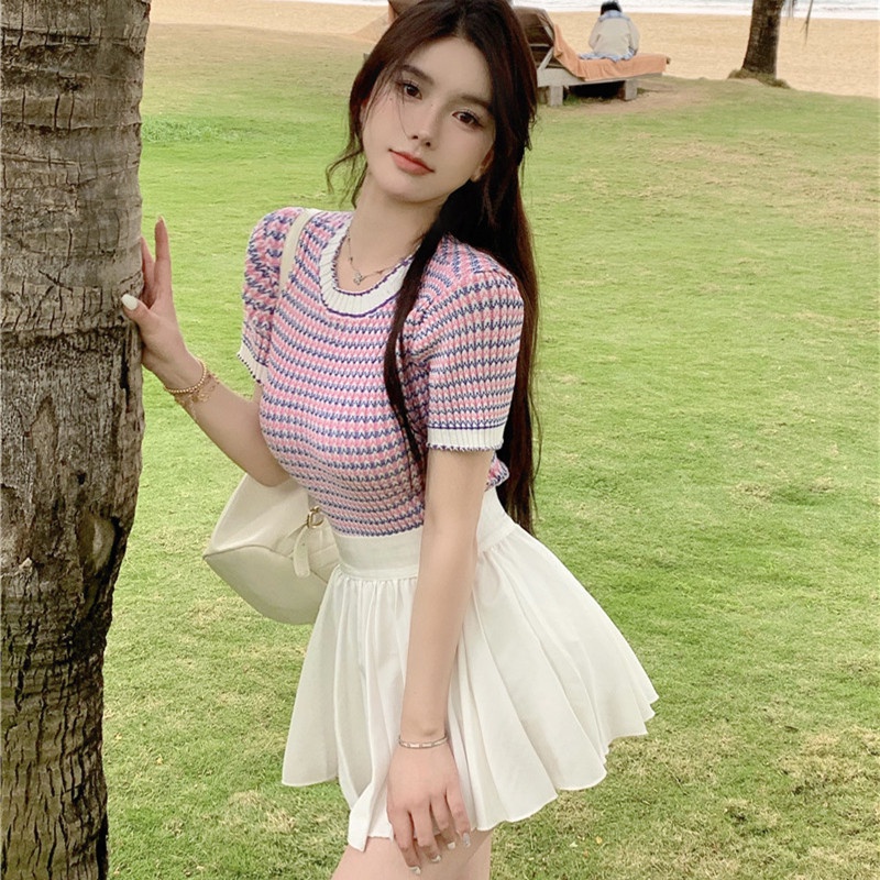 Áo Thun Dệt Kim Tay Ngắn Cổ Tròn Dáng Ôm Thời Trang Sang Trọng