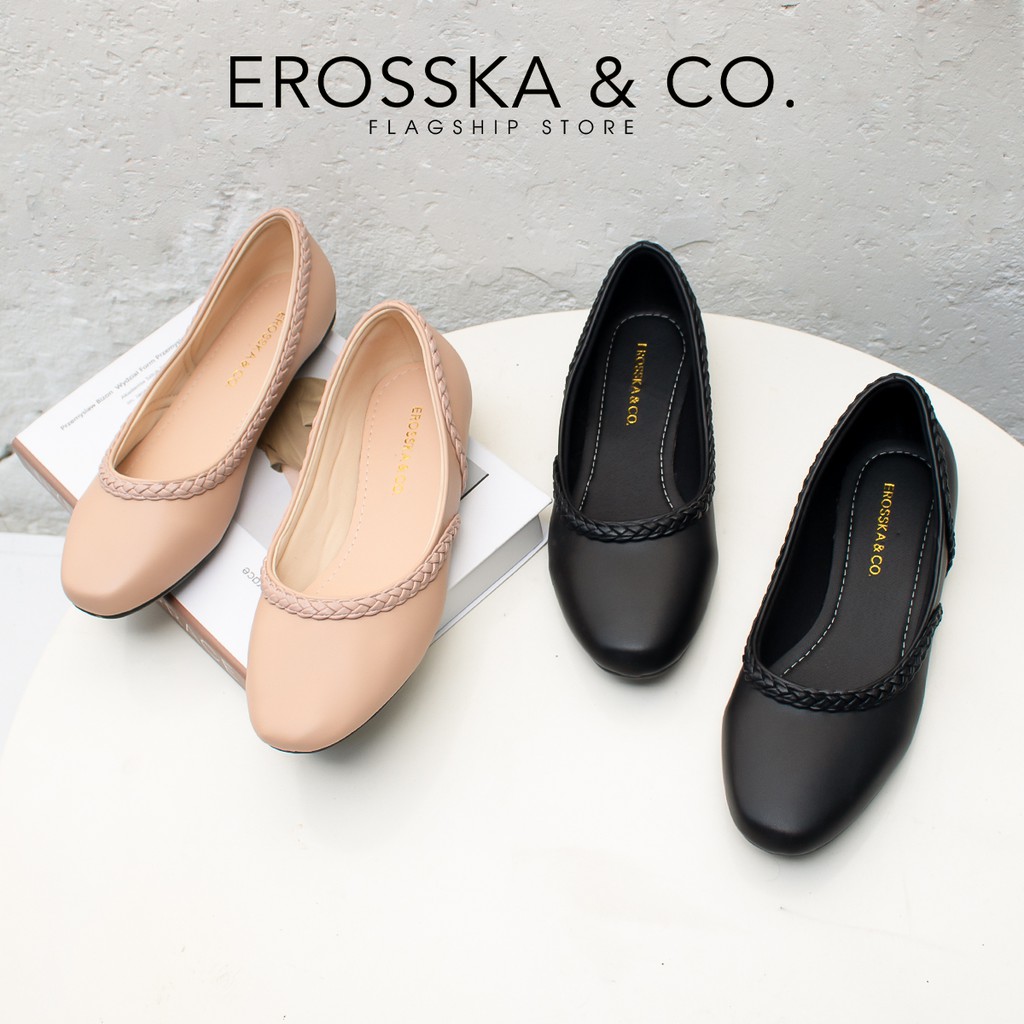 Giày búp bê Erosska thời trang mũi vuông phối dây đan chéo phong cách trẻ trung màu đen _ EF009