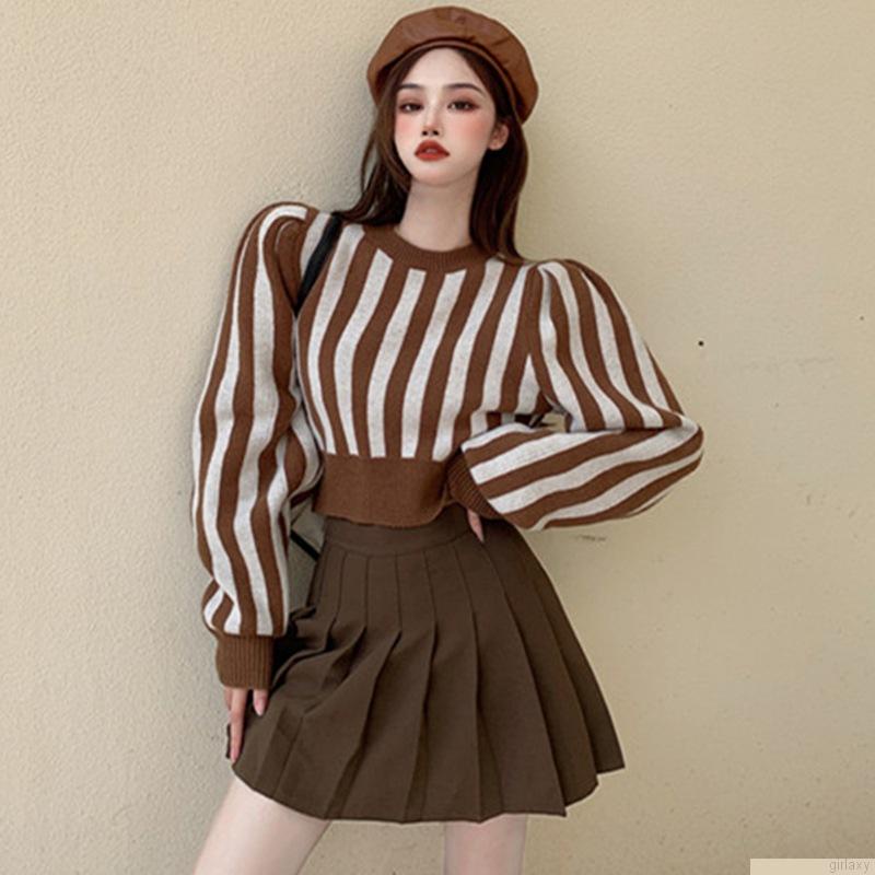 Áo len croptop tay dài cổ tròn họa tiết kẻ sọc phong cách Hàn Quốc thời trang cho nữ