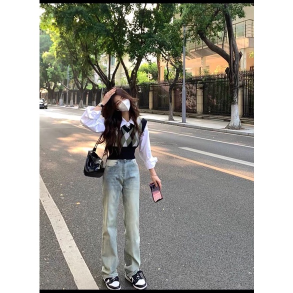 (order) Hàn Quốc cổ chữ V thêu màu xanh lá cây kẻ sọc ngắn áo vest mỏng đầu áo pull retro xếp lớp áo vest dệt kim