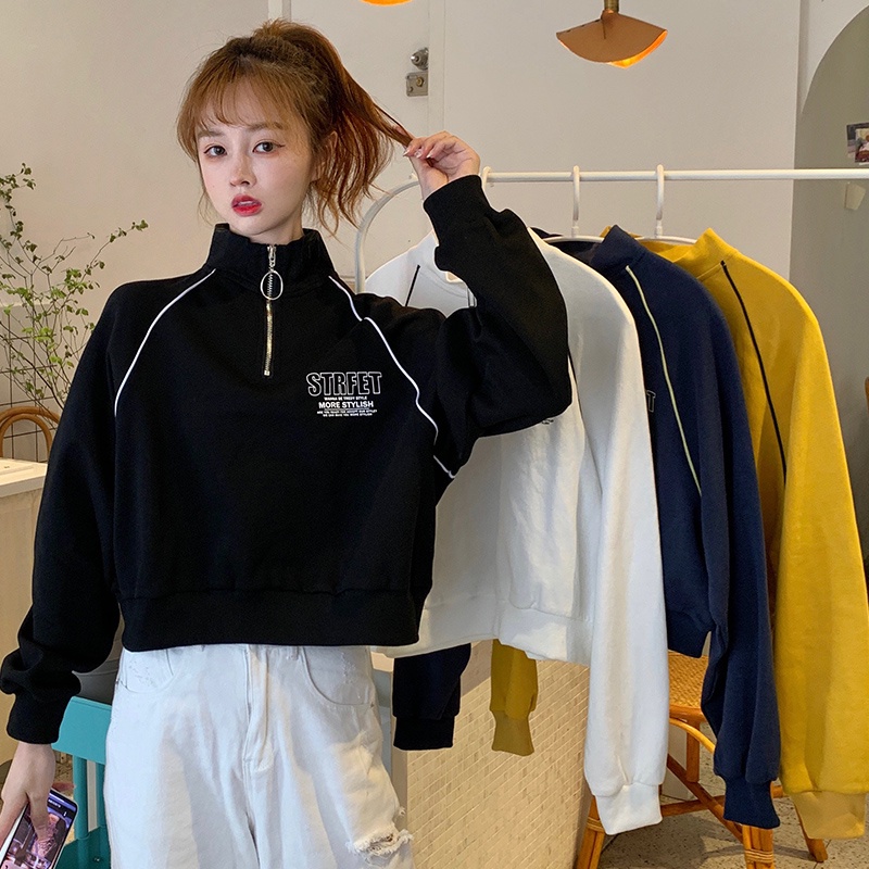 Áo nỉ nữ SUXI dài tay cổ tròn phối khóa kéo thời trang Hàn