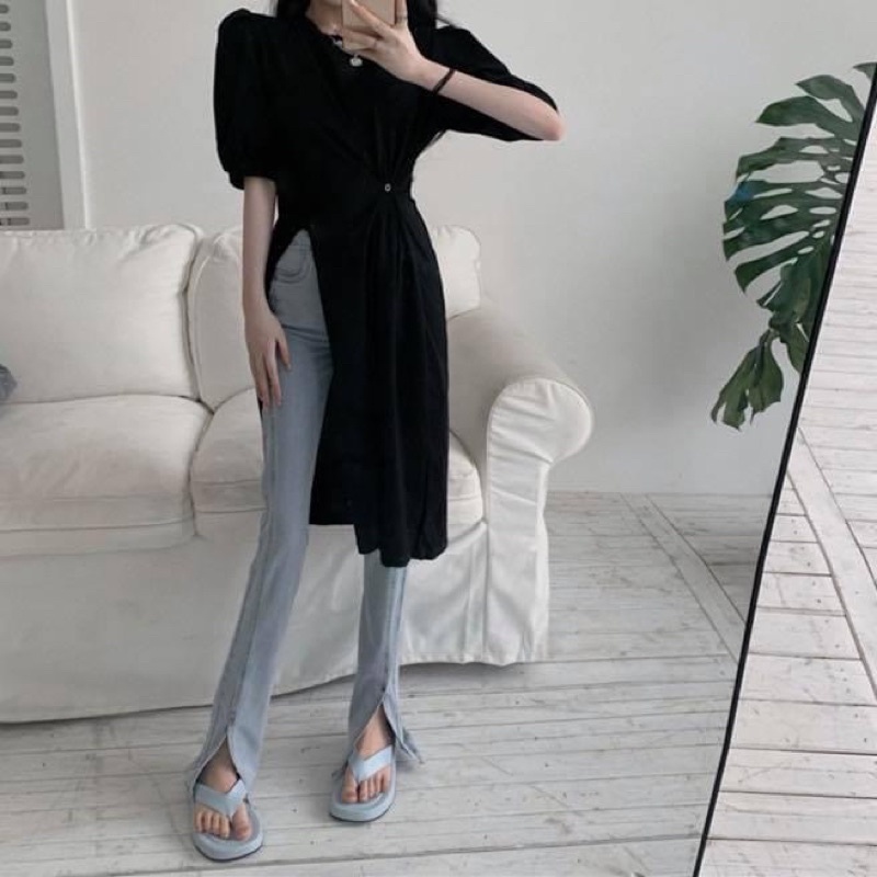 Áo thun form dài thiết kế cách điệu tay ngắn phồng suông xẻ tà trơn - Order taobao quảng châu