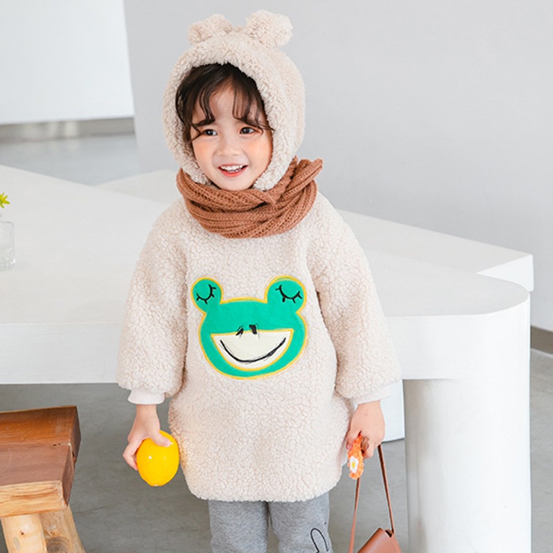 Áo khoác len lông cừu ấm áp phối hoạt hình xinh xắn cho bé gái