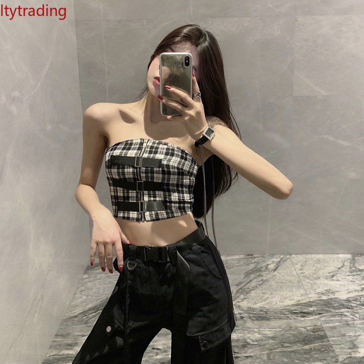 DUNEA Áo ống ôm ngực dây kéo họa tiết trắng đen quyến rũ cho nữ