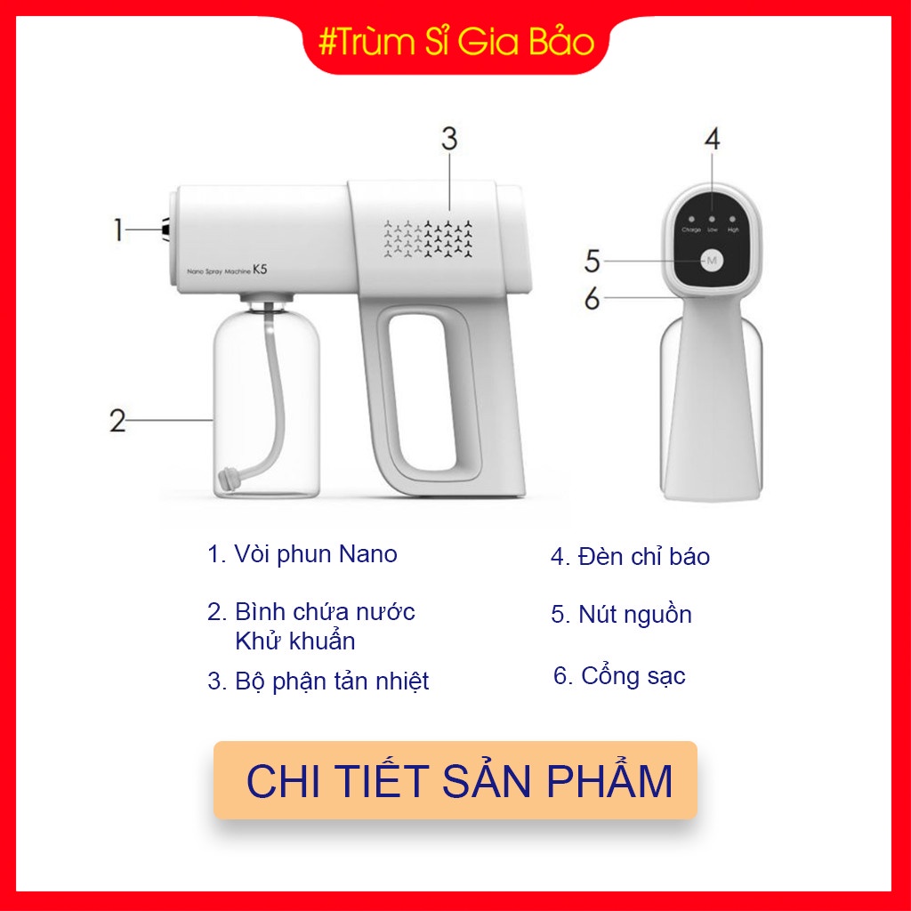 Súng phun khử khuẩn k5 pro nano chính hãng cầm tay, máy diệt trùng tự động phòng chống dịch bệnh