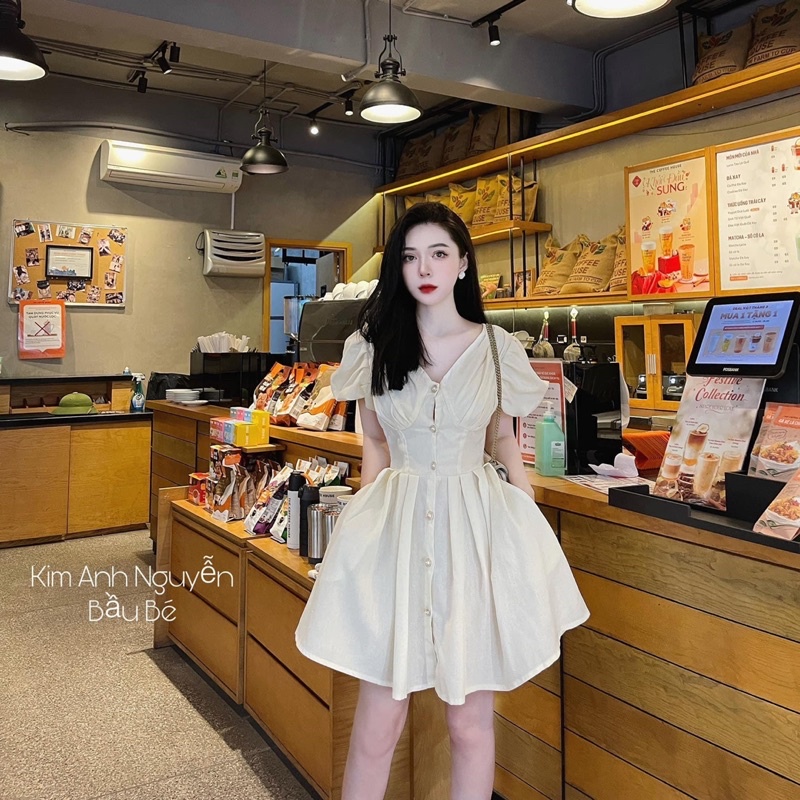 [223] Váy Thô Đũi  2 Lớp   Tay Phồng Cổ V Khuy Ngọc Hàng Đẹp Có Ảnh Thật Kèm Video