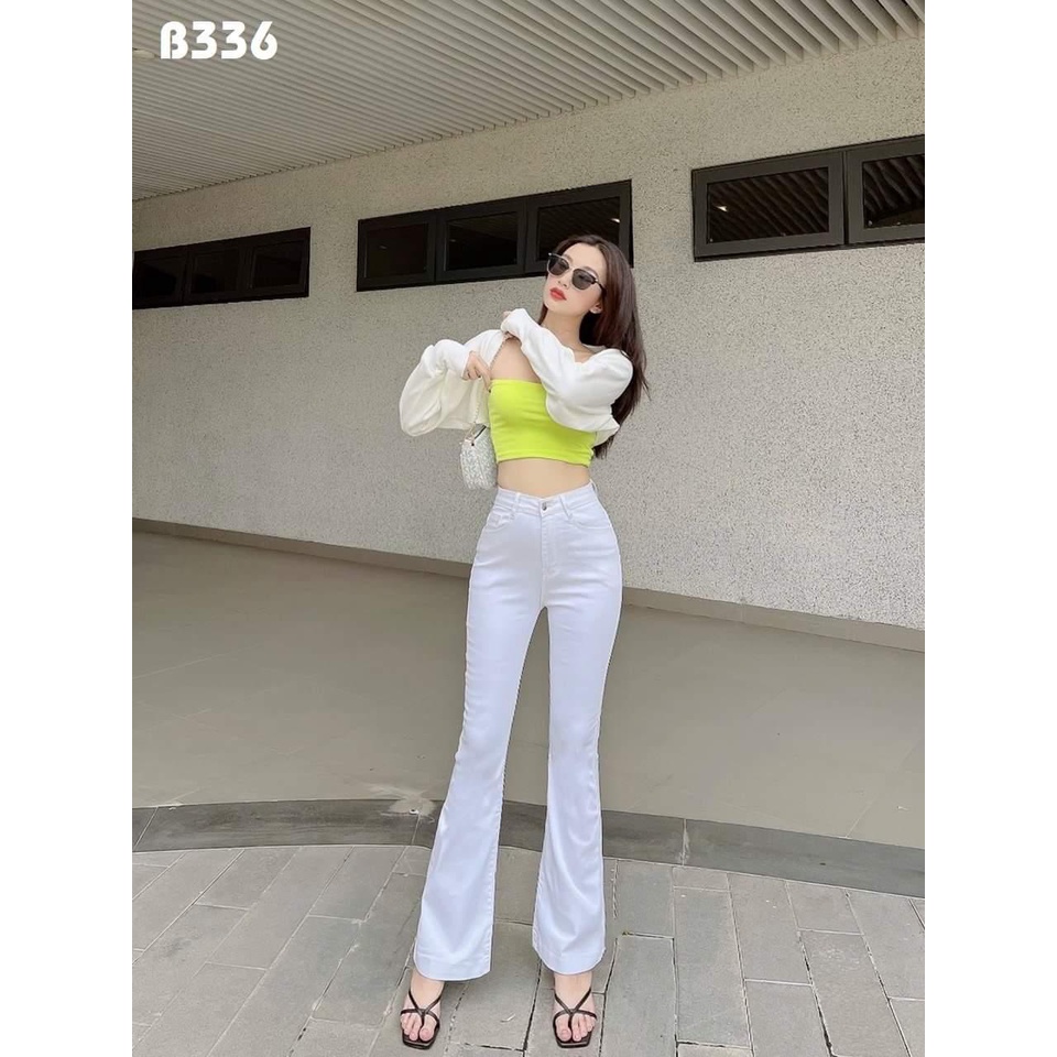 Quần jean dài nữ ống bass lưng cao mẫu trơn co giãn mạnh màu trắng