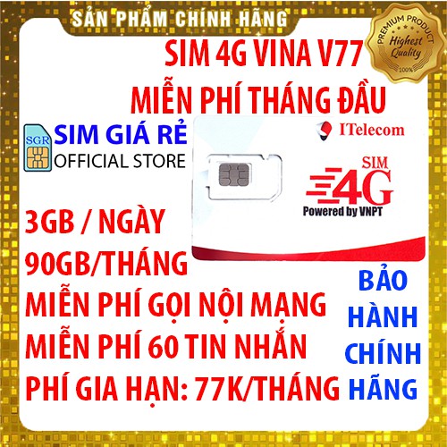 Sim 4G Vina gói 3Gb/ngày (90gb/tháng) hãng Itelecom + Gọi nội mạng Vinaphone miễn phí - Giống như sim 4G Vinaphone VD89P