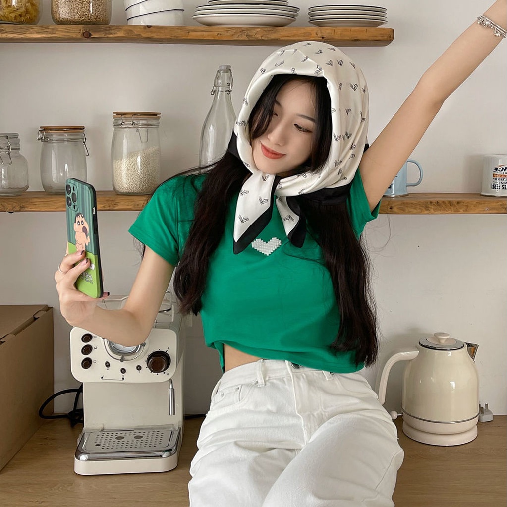 Áo Thun Ngắn Tay Thêu Họa Tiết Trái Tim Nhỏ Xinh Thời Trang Mùa Hè Cho Nữ