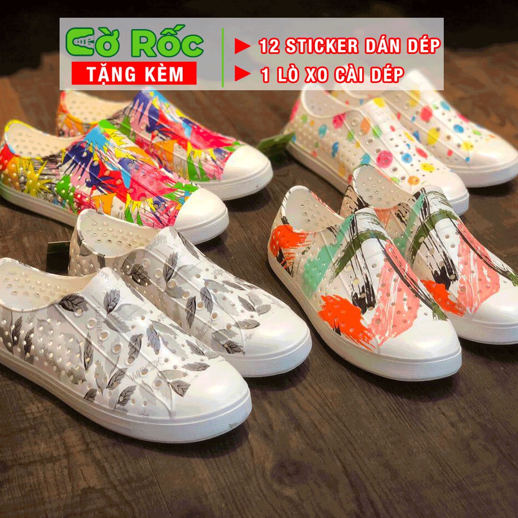 Giày nhựa nam nữ đi mưa native họa tiết màu sơn  nhiều mẫu lựa chọn tặng thêm 2 jibitz sticker gắn dép