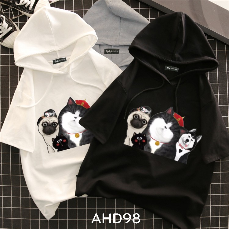⚡️ FreeShip 50k ⚡️ AHD98 Áo thun teen nam nữ HOODIE TAY LỠ CÓ NÓN hình mèo hoàng thượng và đồng bọn