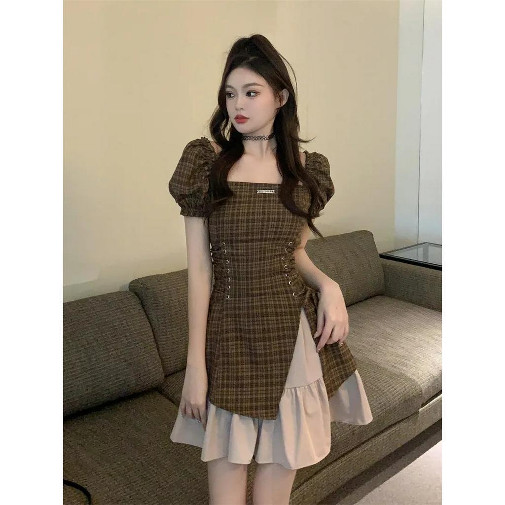 Lalisas Đầm Cổ Vuông Ghép Nối Hai Mảnh Kẻ Sọc Caro Phong Cách Pháp Cổ Điển Cho Nữ