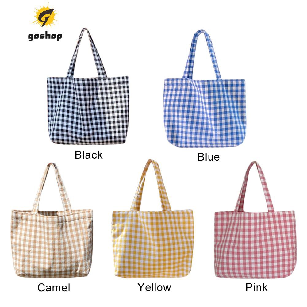 (GO ) Women Portable Cloth Shopping Handbag Tote Plaid Food Picnic Lunch Bags