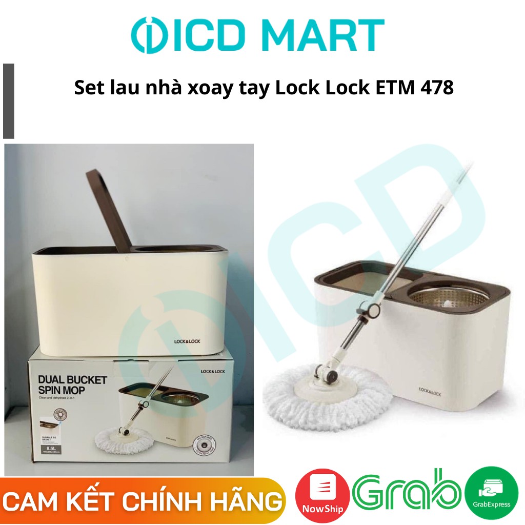 Bộ Cây Lau Nhà Lock&Lock Chính hãng Dual Bucket ETM478 (1 thùng giặt + 2 bông lau)