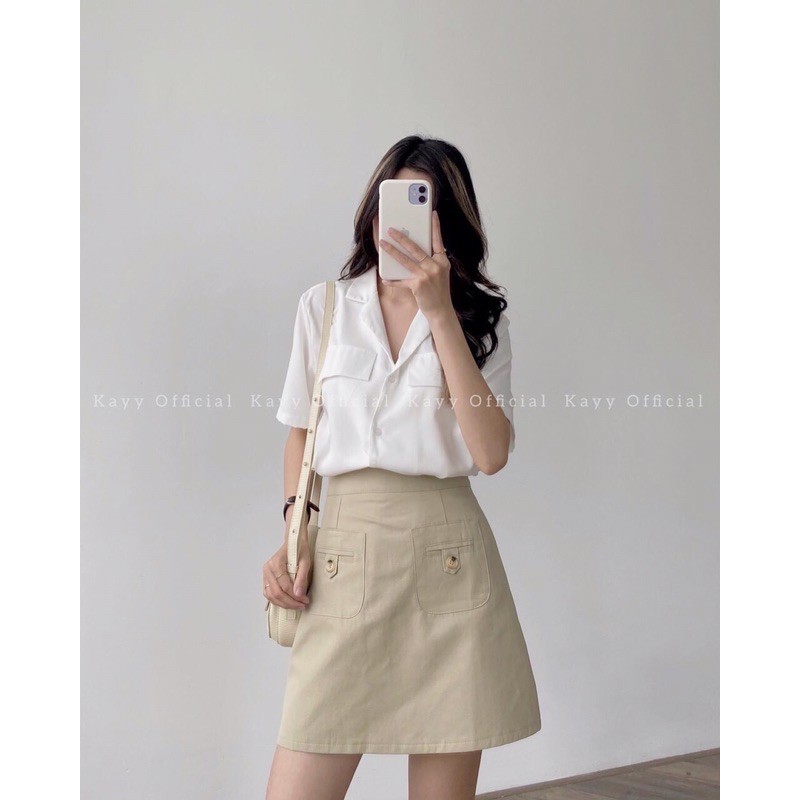 Sét áo cổ V kèm chân váy kaki xinh lắm luôn(ảnh thật màu đậm)