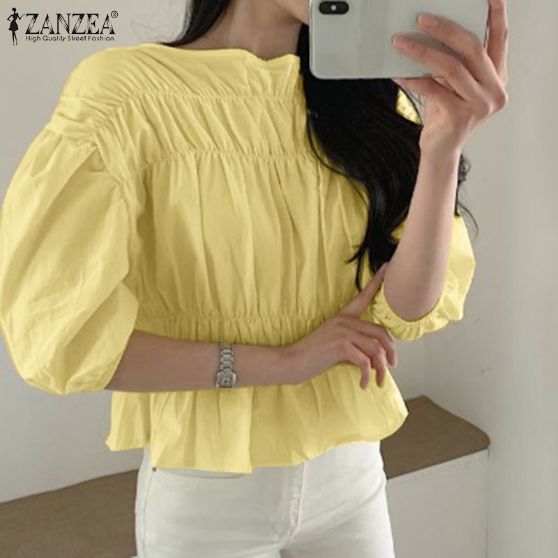 Áo kiểu Zanzea tay lửng cổ tròn phong cách Hàn Quốc cho nữ