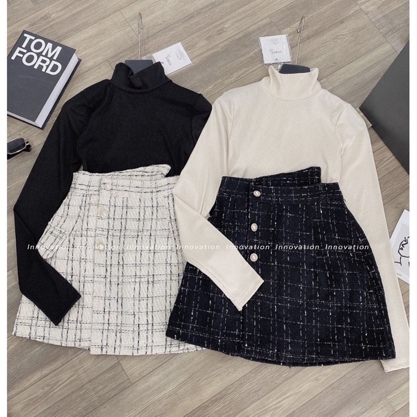 Chân Váy Dạ Tweed BIG SIZE Cạp Lệch Phối 3 Cúc Túi Giả Kiểu Váy Ngắn Chữ A Thu Đông TAN90
